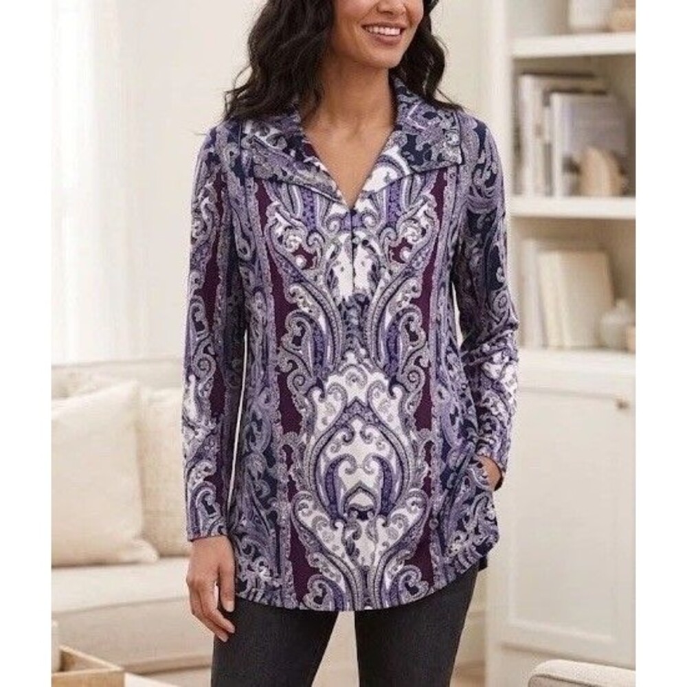 Chico's Women's Paisley Button-Up Tunic Collared Long Sleeve XL Blue Purple